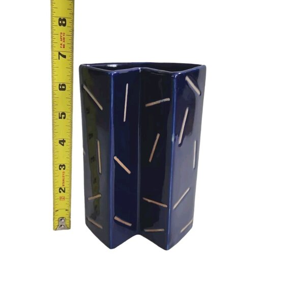 Vintage Stoneware Geometric Vase Retro MCM Rare HTF Cobalt Blue Glazed 6 5/8" - Picture 6 of 14